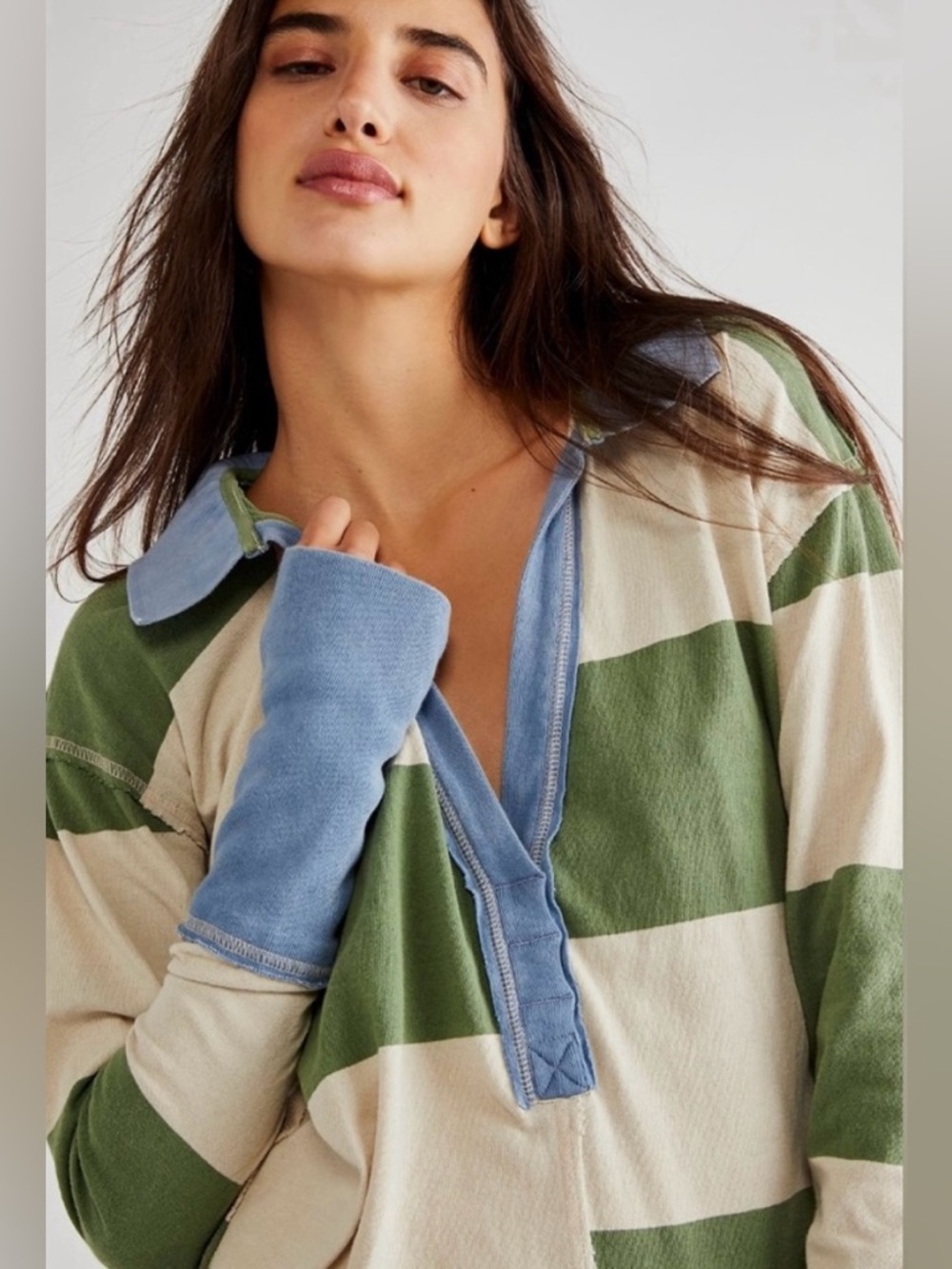 NWT We The Free People Green Striped Rugby Top Long Sleeve Thumbhole Size Medium - Picture 2 of 8